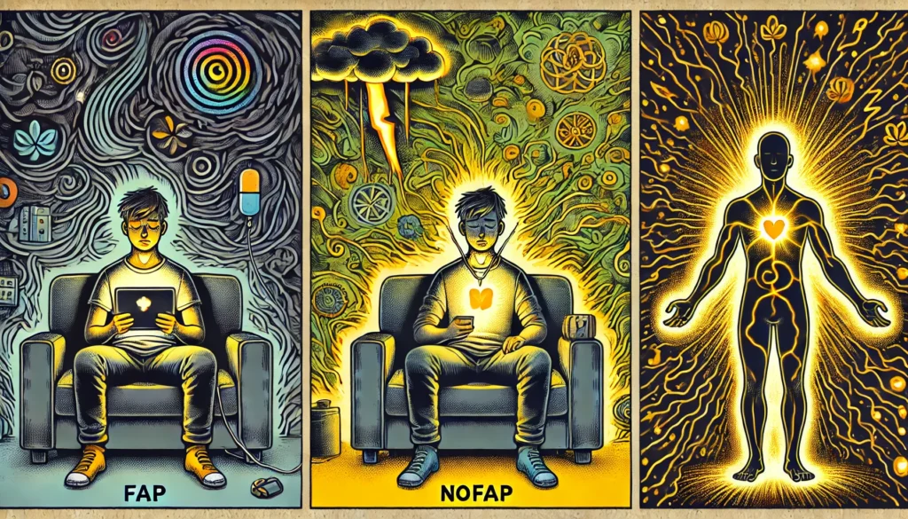 Illustration comparing Fap, NoFap, and ProFap: A slouched character drained of energy, a frustrated figure under tension, and a glowing character radiating golden energy with harmonious flow.