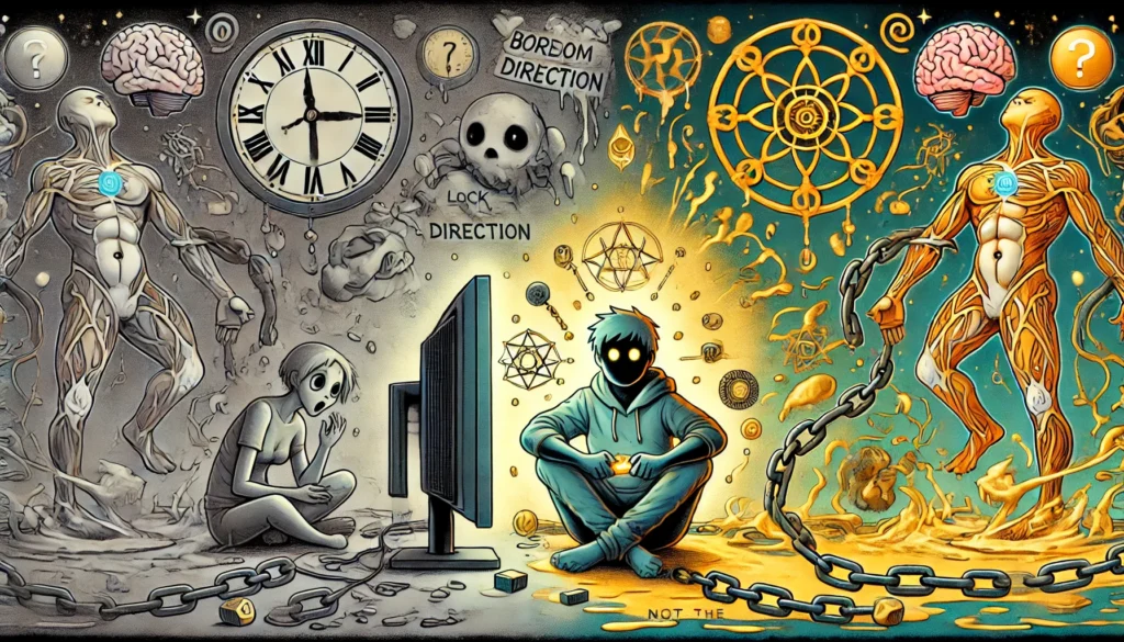 Illustration showing why porn addiction is a symptom: A slouched character surrounded by boredom, lack of direction, and loneliness; trapped in a cycle of frustration; and transformed into a glowing figure mastering their energy with golden spirals.
